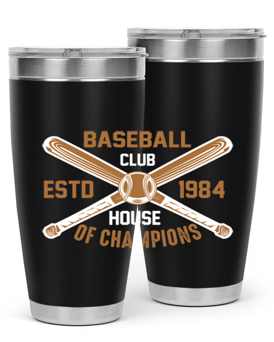 Baseball 1443# Tumbler in stainless steel with a baseball-themed design, showcasing its double wall vacuum insulation and drink-thru lid.