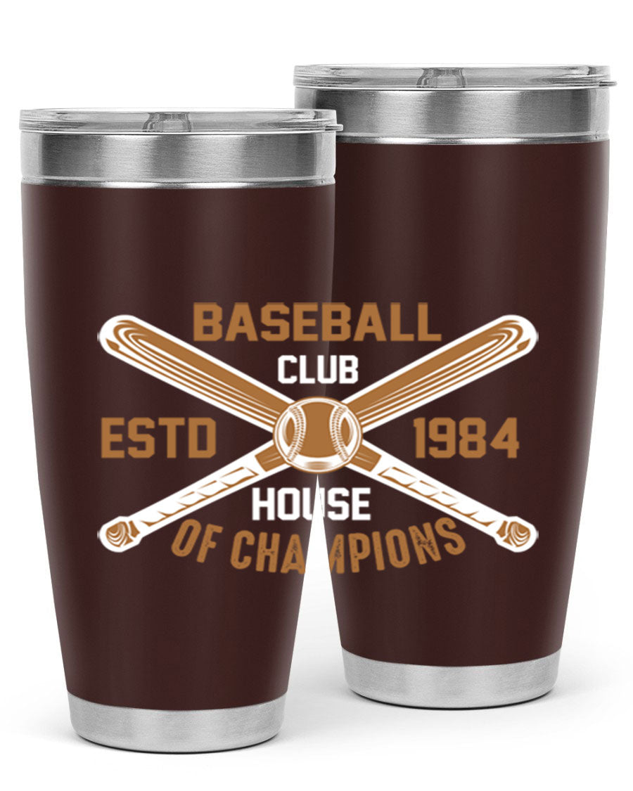 Baseball 1443# Tumbler in stainless steel with a baseball-themed design, showcasing its double wall vacuum insulation and drink-thru lid.