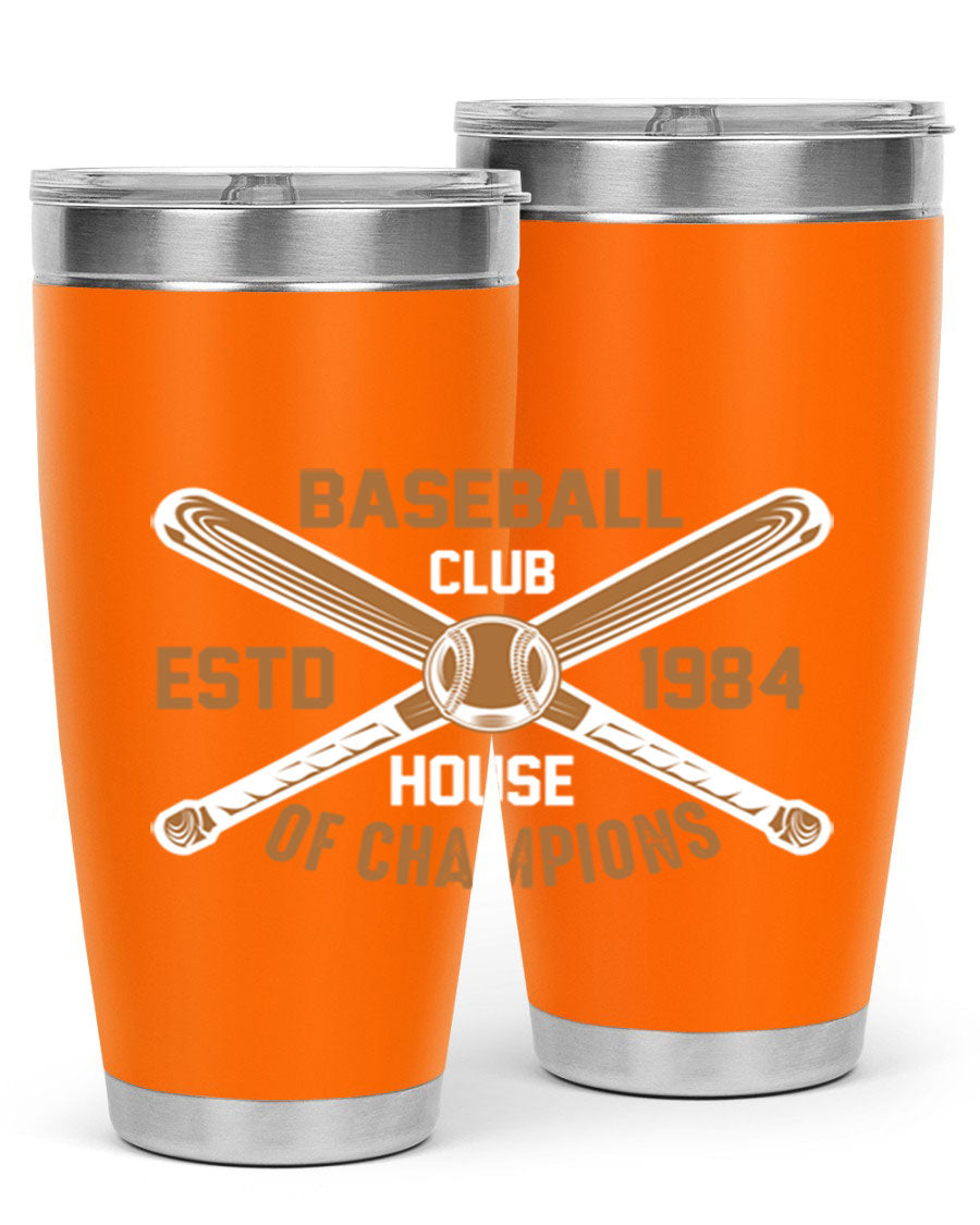 Baseball 1443# Tumbler in stainless steel with a baseball-themed design, showcasing its double wall vacuum insulation and drink-thru lid.