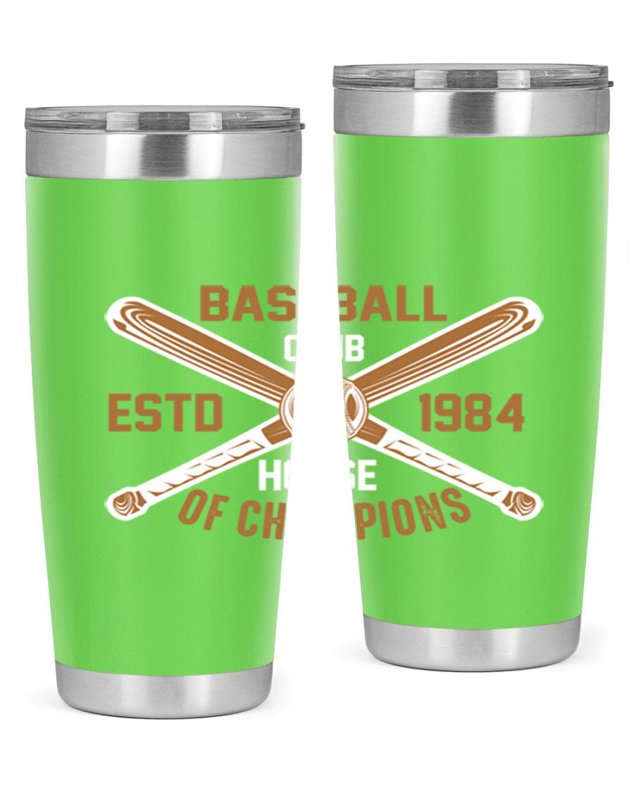 Baseball 1443# Tumbler in stainless steel with a baseball-themed design, showcasing its double wall vacuum insulation and drink-thru lid.