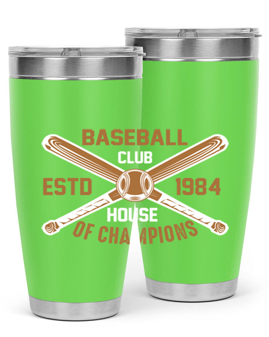 Baseball 1443# Tumbler in stainless steel with a baseball-themed design, showcasing its double wall vacuum insulation and drink-thru lid.