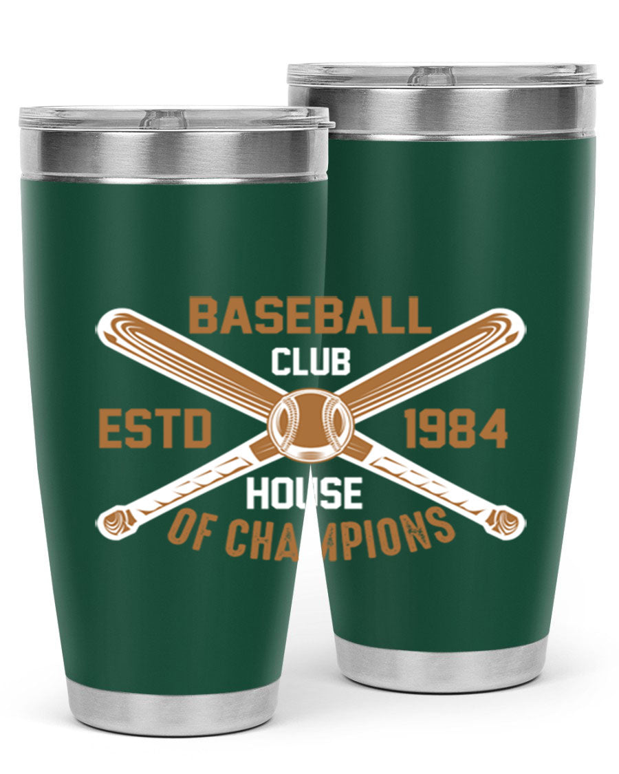 Baseball 1443# Tumbler in stainless steel with a baseball-themed design, showcasing its double wall vacuum insulation and drink-thru lid.