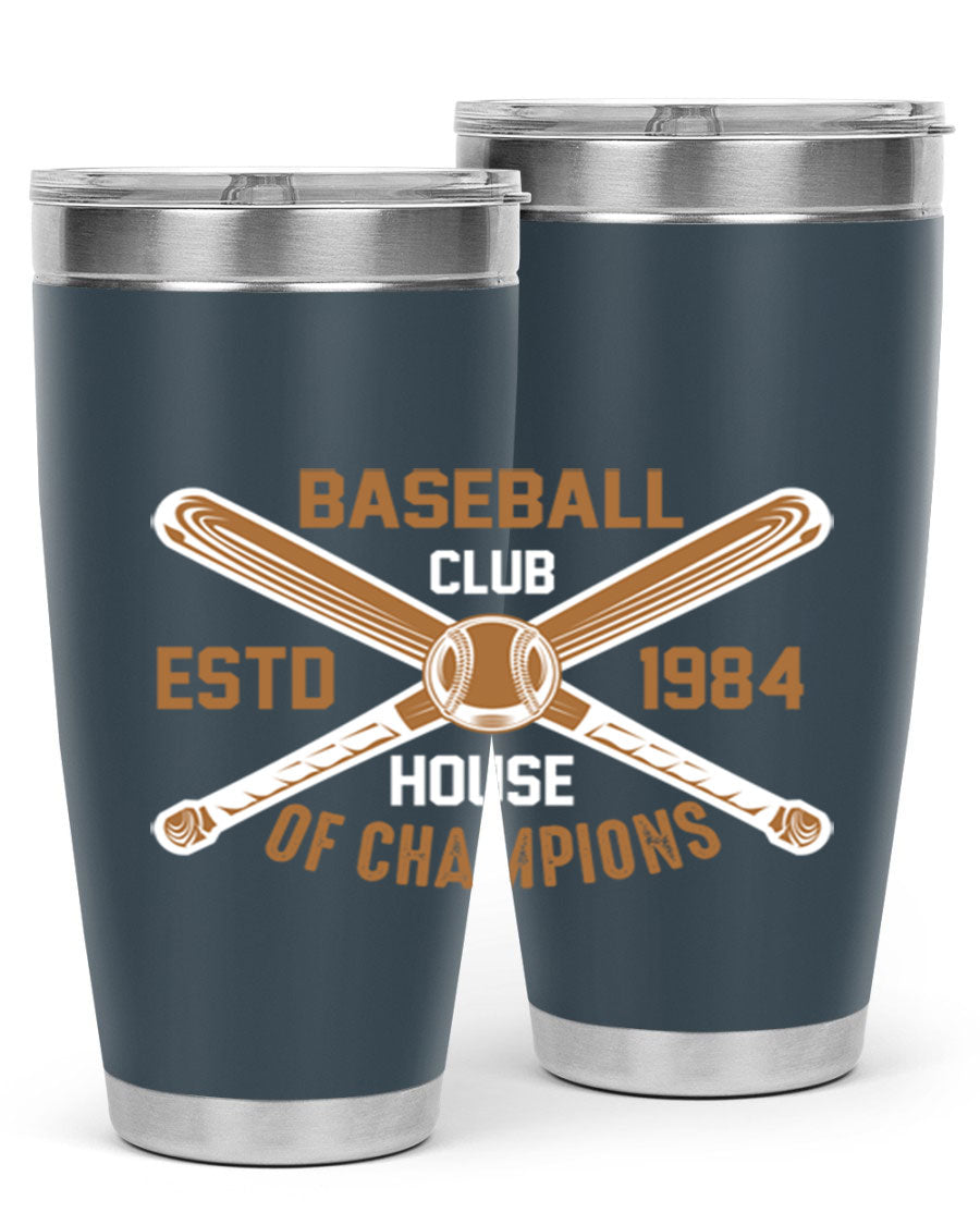 Baseball 1443# Tumbler in stainless steel with a baseball-themed design, showcasing its double wall vacuum insulation and drink-thru lid.