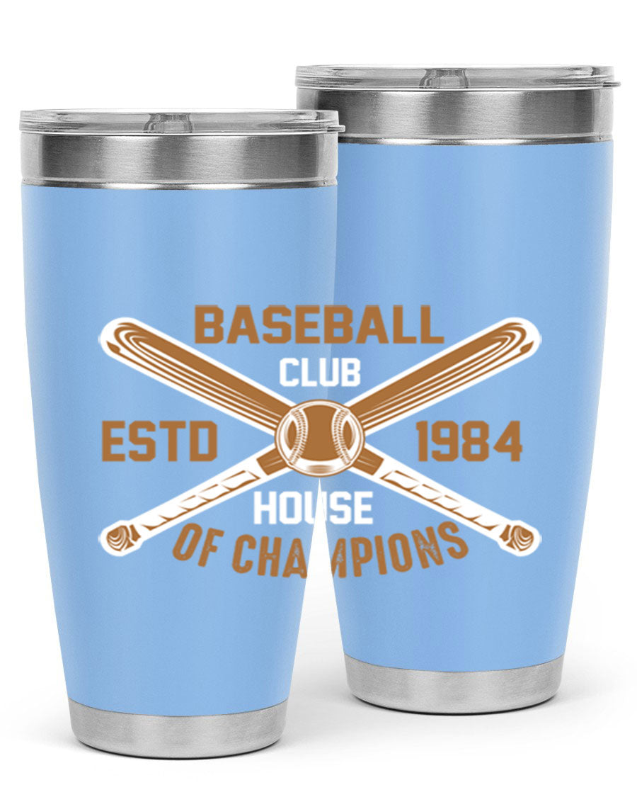 Baseball 1443# Tumbler in stainless steel with a baseball-themed design, showcasing its double wall vacuum insulation and drink-thru lid.
