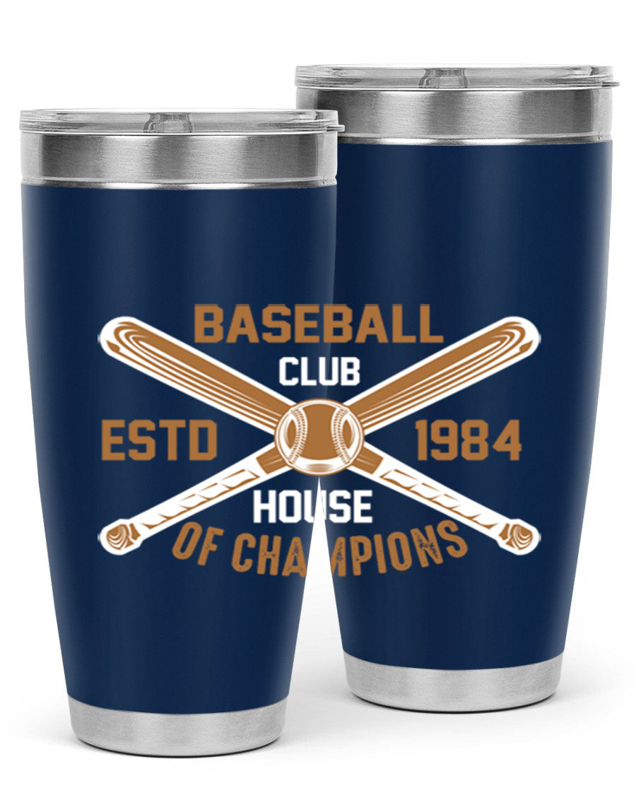 Baseball 1443# Tumbler in stainless steel with a baseball-themed design, showcasing its double wall vacuum insulation and drink-thru lid.