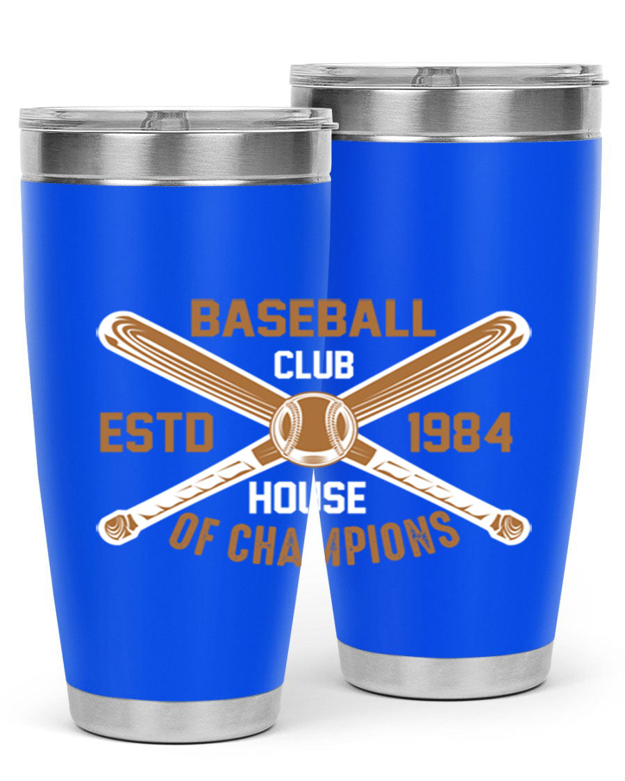 Baseball 1443# Tumbler in stainless steel with a baseball-themed design, showcasing its double wall vacuum insulation and drink-thru lid.