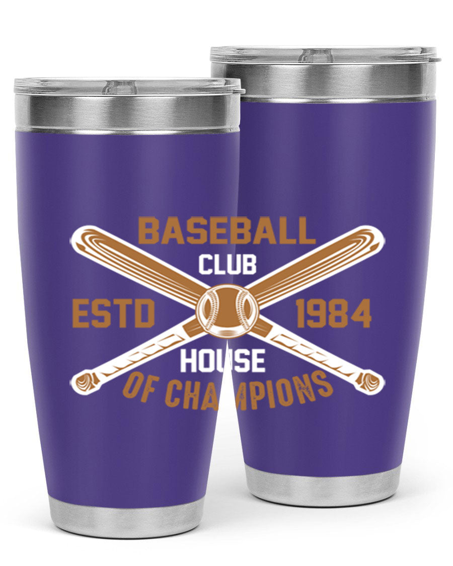 Baseball 1443# Tumbler in stainless steel with a baseball-themed design, showcasing its double wall vacuum insulation and drink-thru lid.