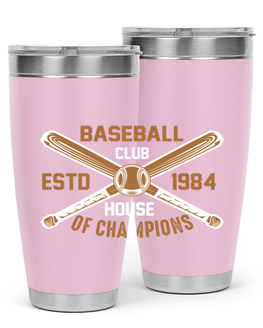 Baseball 1443# Tumbler in stainless steel with a baseball-themed design, showcasing its double wall vacuum insulation and drink-thru lid.
