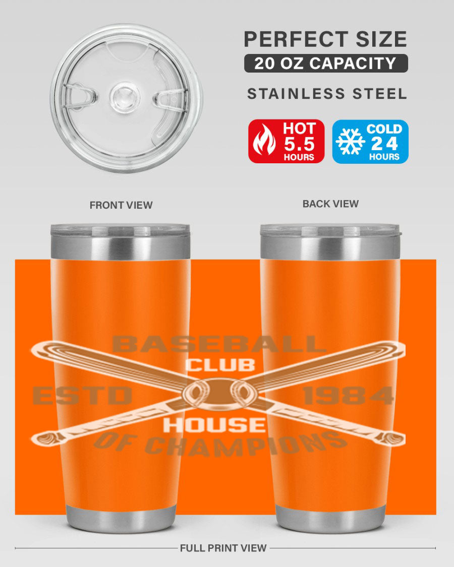 Baseball 1443# Tumbler in stainless steel with a baseball-themed design, showcasing its double wall vacuum insulation and drink-thru lid.