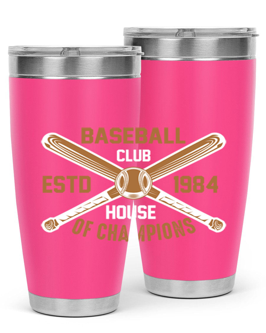 Baseball 1443# Tumbler in stainless steel with a baseball-themed design, showcasing its double wall vacuum insulation and drink-thru lid.