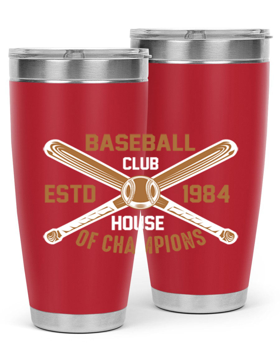 Baseball 1443# Tumbler in stainless steel with a baseball-themed design, showcasing its double wall vacuum insulation and drink-thru lid.