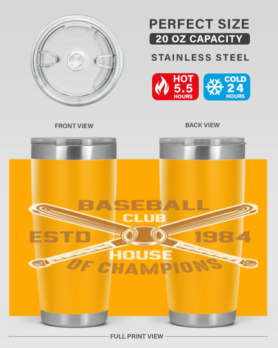 Baseball 1443# Tumbler in stainless steel with a baseball-themed design, showcasing its double wall vacuum insulation and drink-thru lid.
