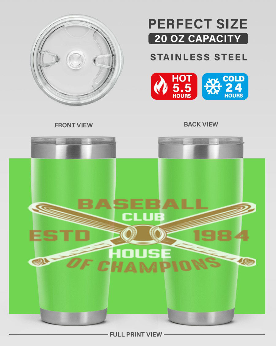 Baseball 1443# Tumbler in stainless steel with a baseball-themed design, showcasing its double wall vacuum insulation and drink-thru lid.