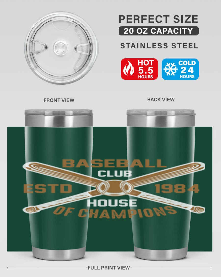 Baseball 1443# Tumbler in stainless steel with a baseball-themed design, showcasing its double wall vacuum insulation and drink-thru lid.