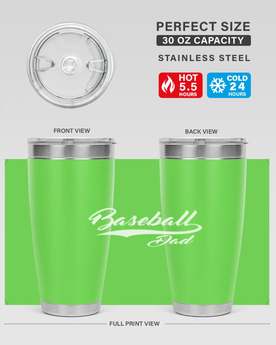 Baseball dadi 50# Tumbler in stainless steel with a drink-thru lid, showcasing its sleek design and double wall insulation.