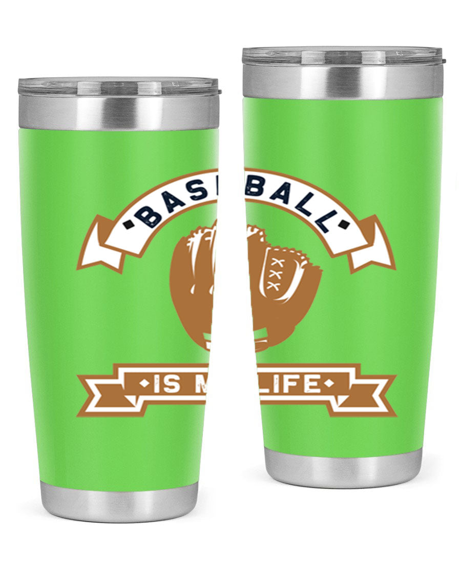 Baseball 1445# Tumbler in stainless steel with a drink-thru lid, showcasing its sleek design and vibrant print.