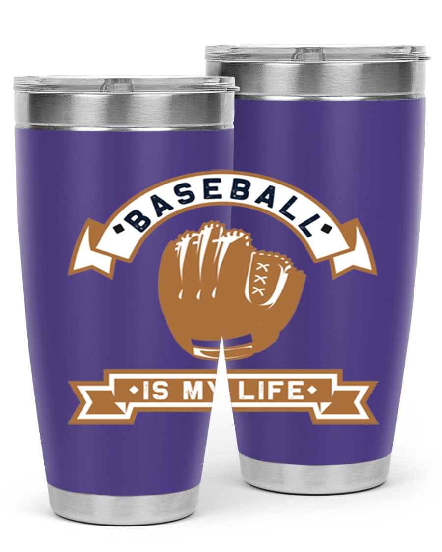 Baseball 1445# Tumbler in stainless steel with a drink-thru lid, showcasing its sleek design and vibrant print.
