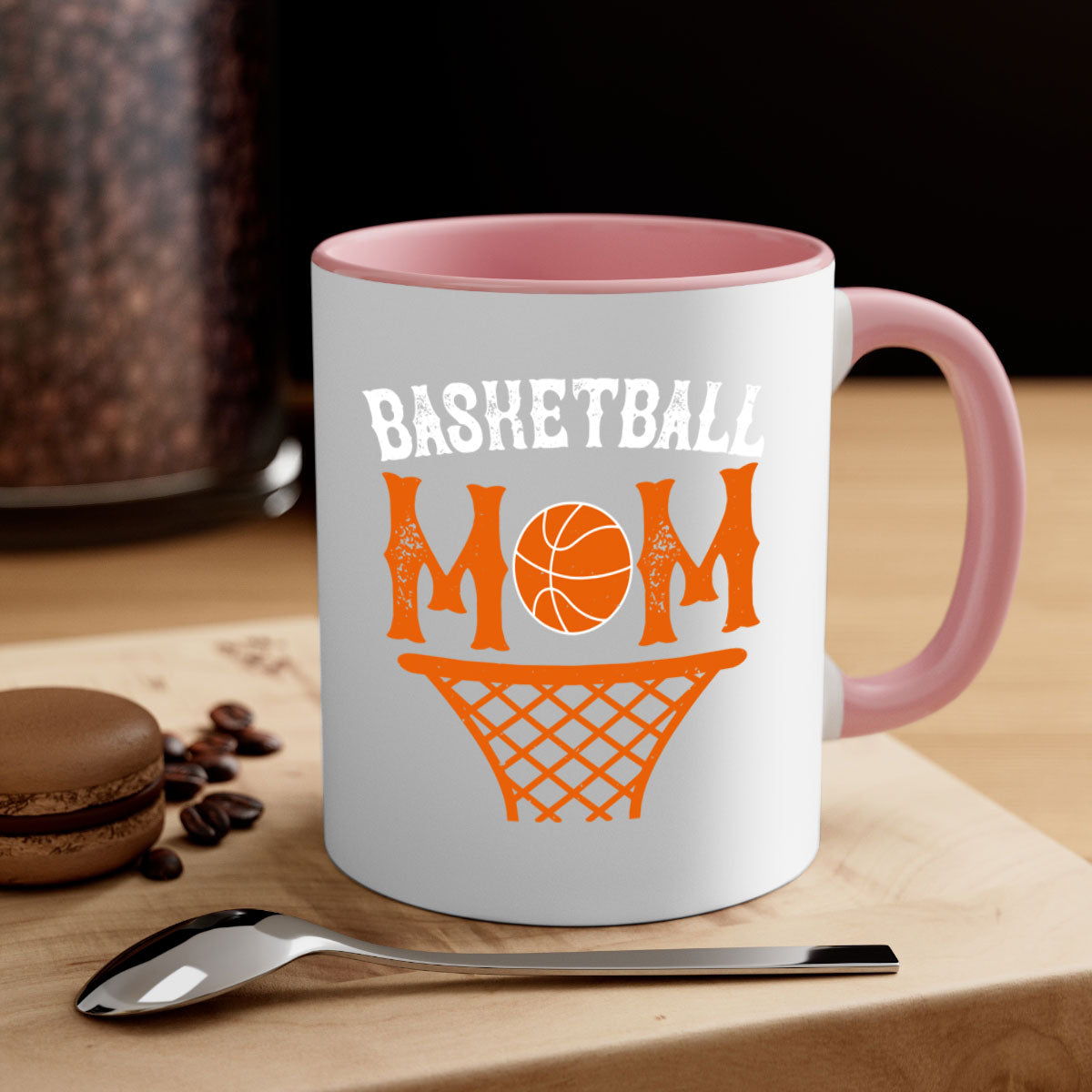 Basketball Mom Mug featuring a glossy finish with a colored handle and interior, available in five vibrant colors and two sizes.