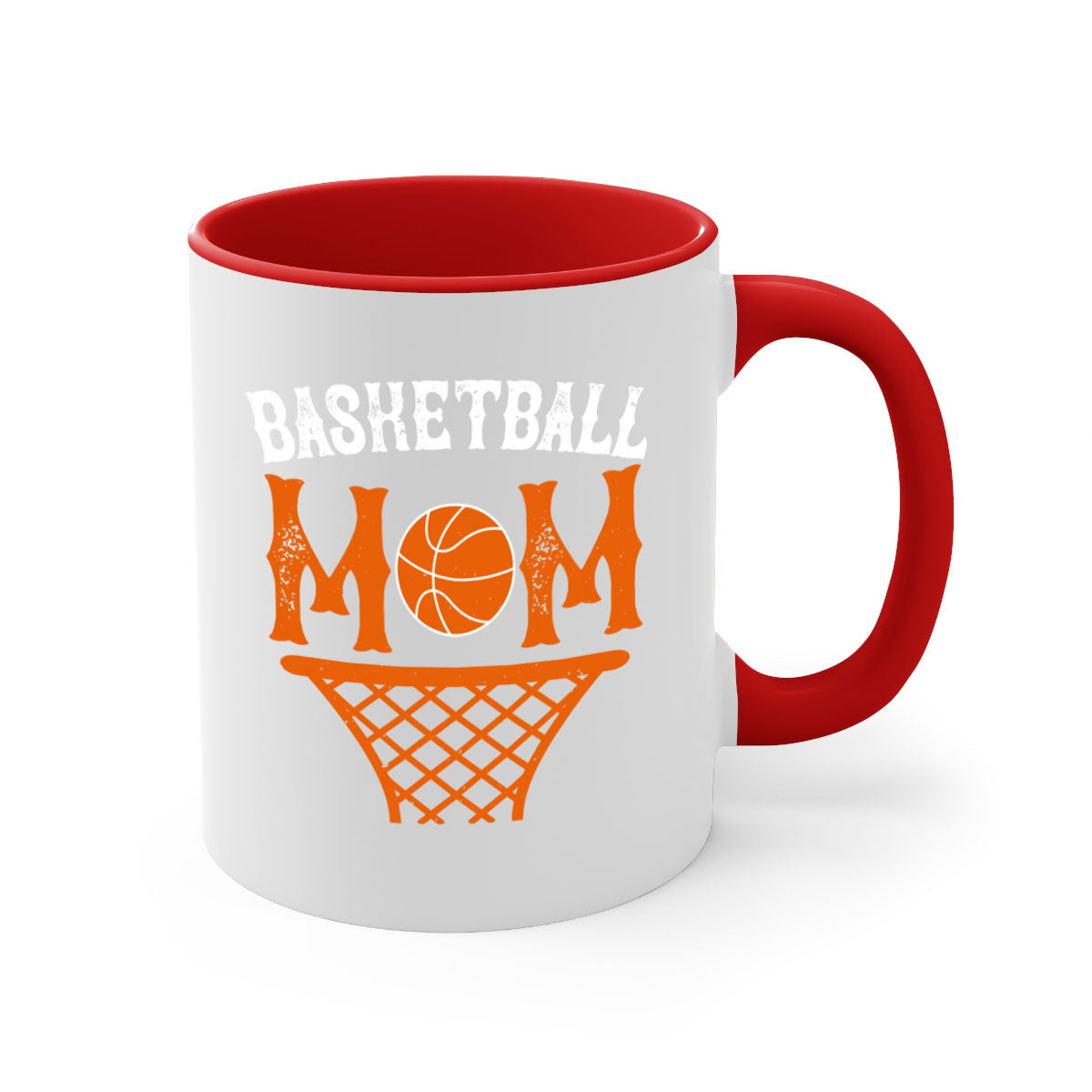Basketball Mom Mug featuring a glossy finish with a colored handle and interior, available in five vibrant colors and two sizes.