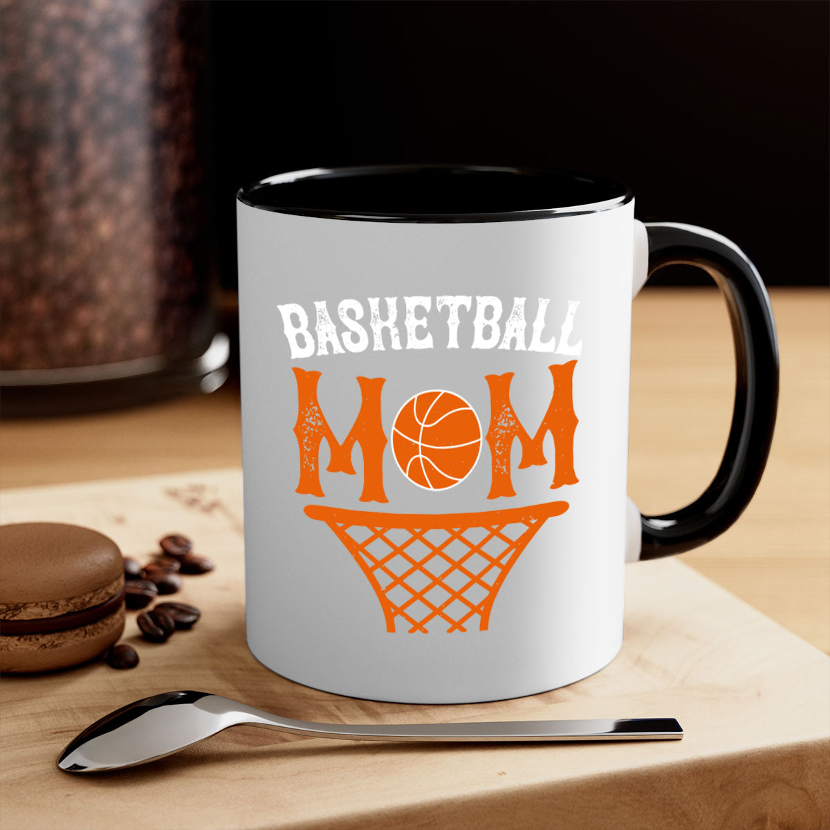 Basketball Mom Mug featuring a glossy finish with a colored handle and interior, available in five vibrant colors and two sizes.
