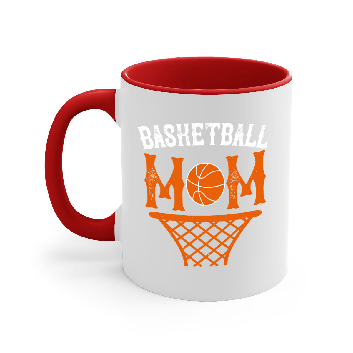 Basketball Mom Mug featuring a glossy finish with a colored handle and interior, available in five vibrant colors and two sizes.