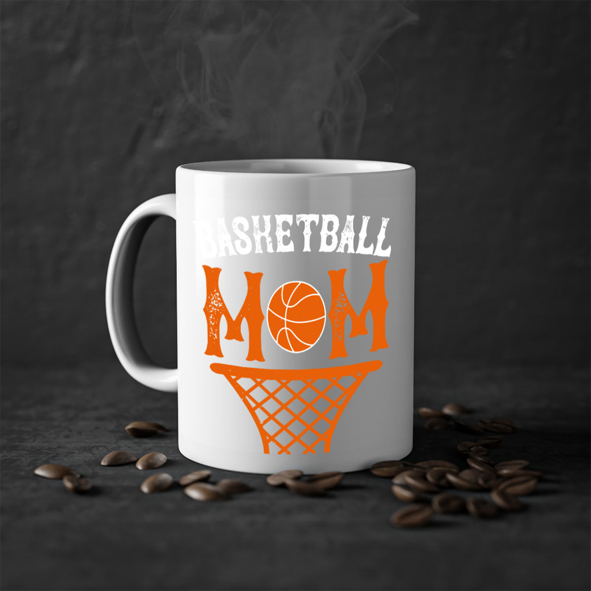 Basketball Mom Mug featuring a glossy finish with a colored handle and interior, available in five vibrant colors and two sizes.