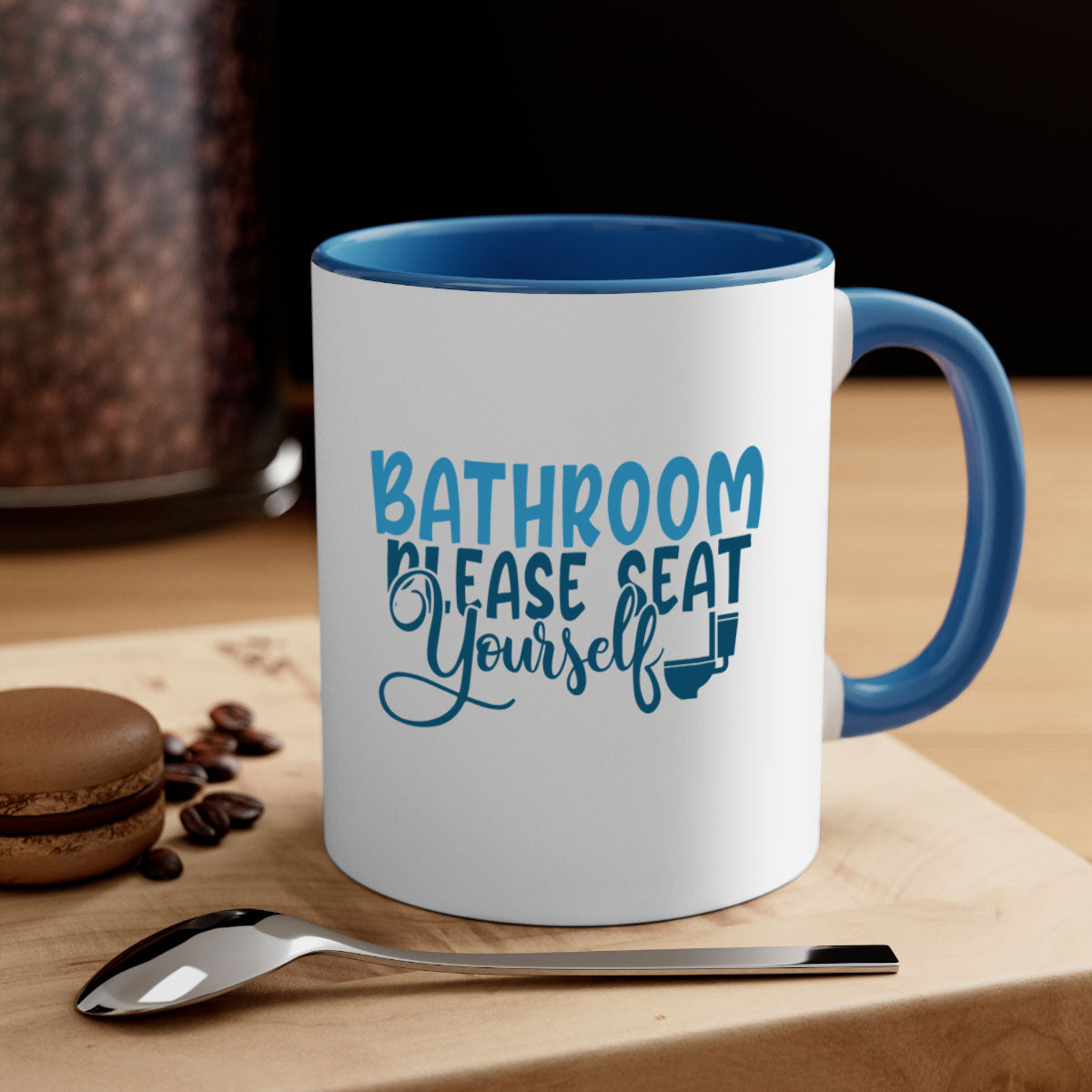 Bathroom Please Seat Yourself Mug with colorful handle and interior, showcasing a glossy finish and humorous design.