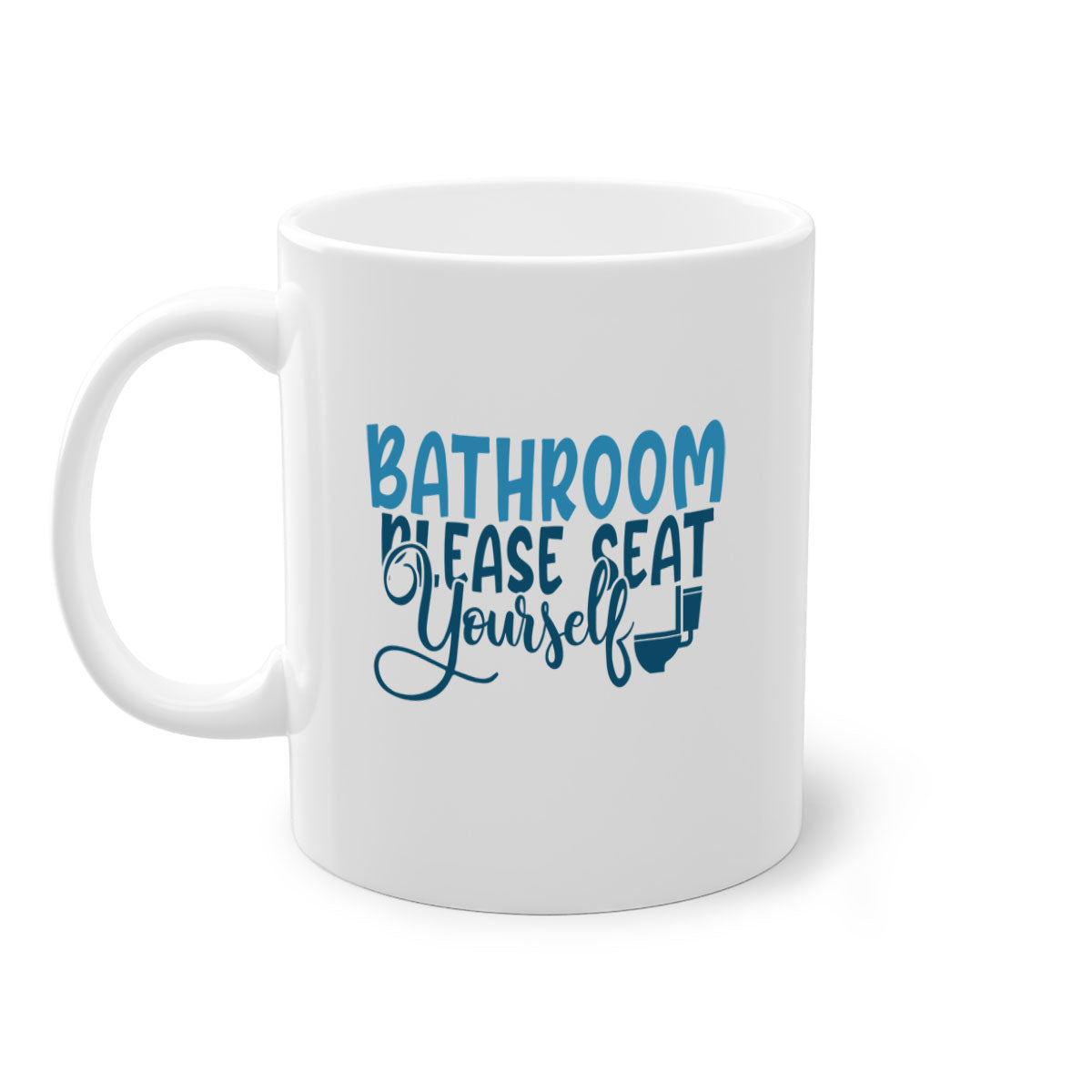 Bathroom Please Seat Yourself Mug with colorful handle and interior, showcasing a glossy finish and humorous design.