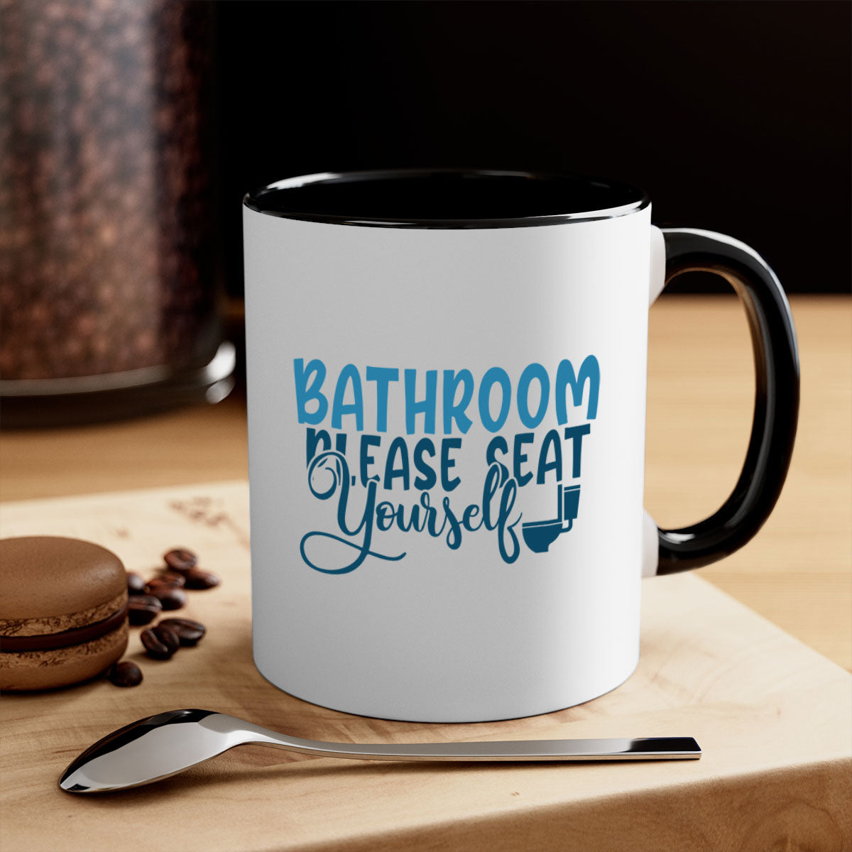 Bathroom Please Seat Yourself Mug with colorful handle and interior, showcasing a glossy finish and humorous design.