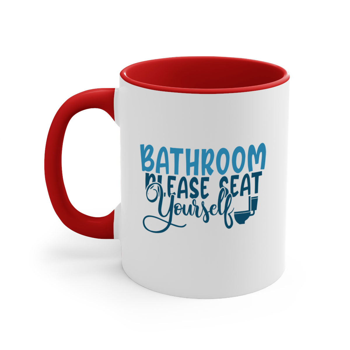 Bathroom Please Seat Yourself Mug with colorful handle and interior, showcasing a glossy finish and humorous design.