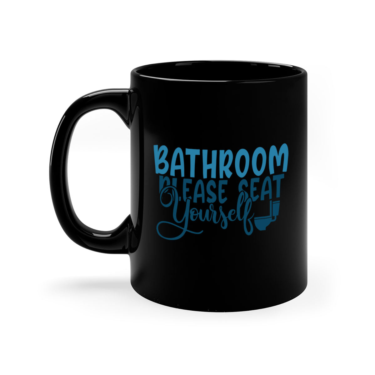 Bathroom Please Seat Yourself Mug with colorful handle and interior, showcasing a glossy finish and humorous design.