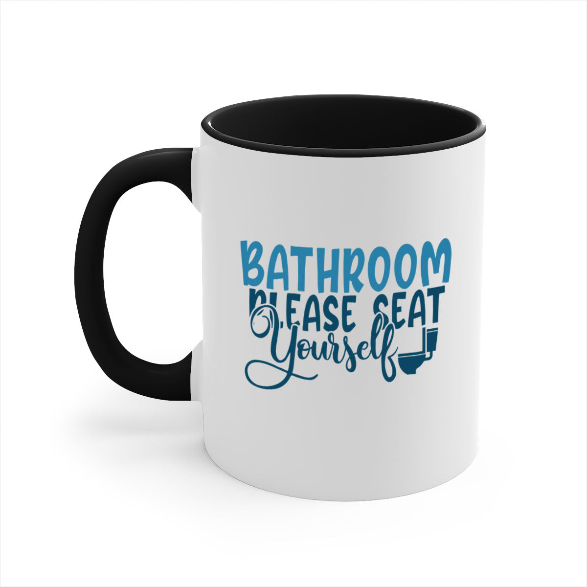 Bathroom Please Seat Yourself Mug with colorful handle and interior, showcasing a glossy finish and humorous design.