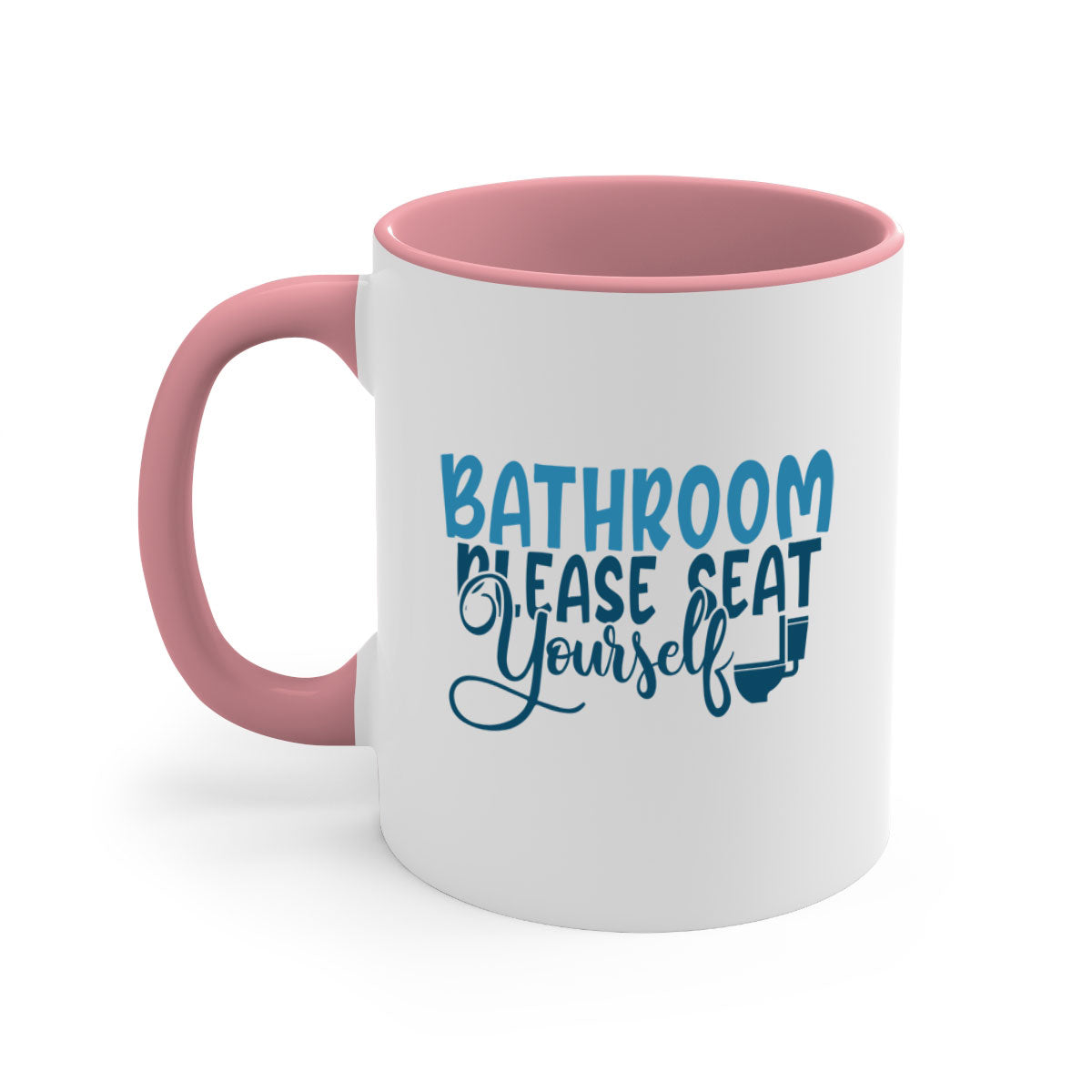 Bathroom Please Seat Yourself Mug with colorful handle and interior, showcasing a glossy finish and humorous design.