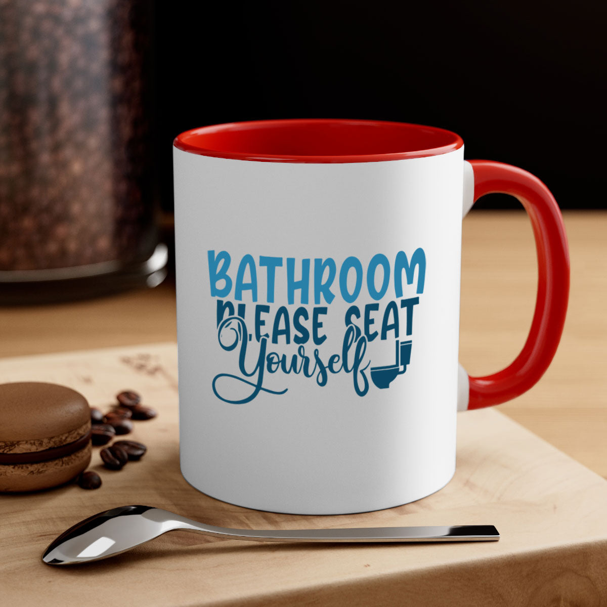 Bathroom Please Seat Yourself Mug with colorful handle and interior, showcasing a glossy finish and humorous design.