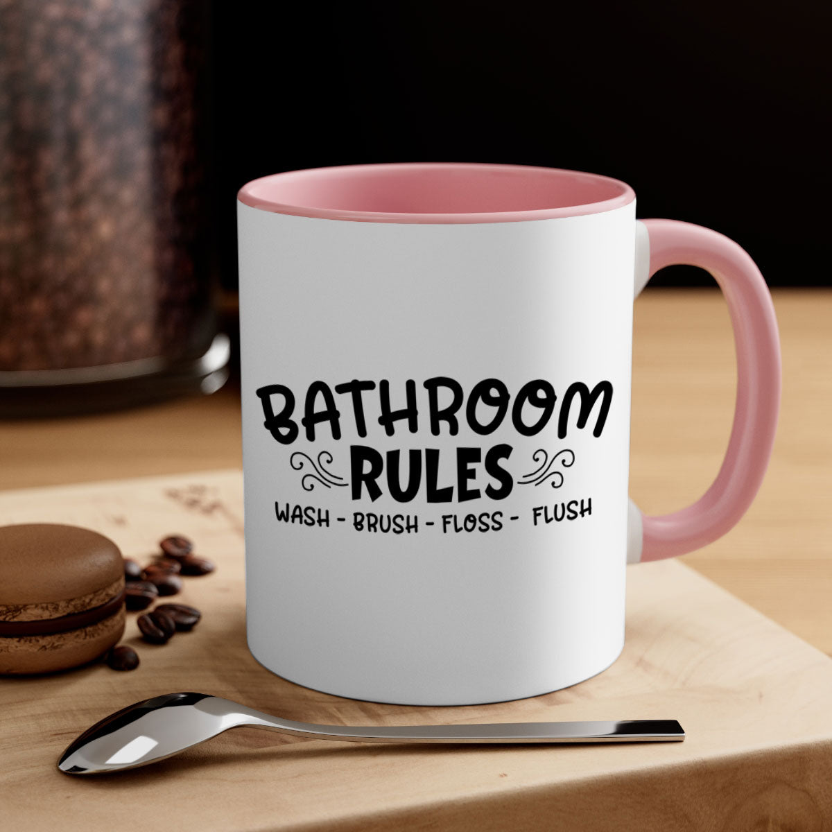 Bathroom Rules Wash Brush Floss Flush Mug with two-tone design and glossy finish, available in multiple colors.