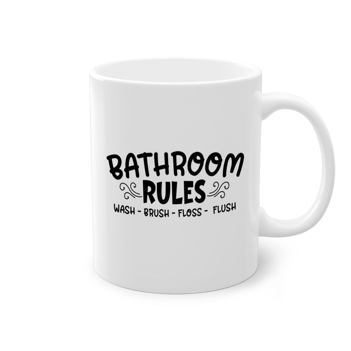 Bathroom Rules Wash Brush Floss Flush Mug with two-tone design and glossy finish, available in multiple colors.