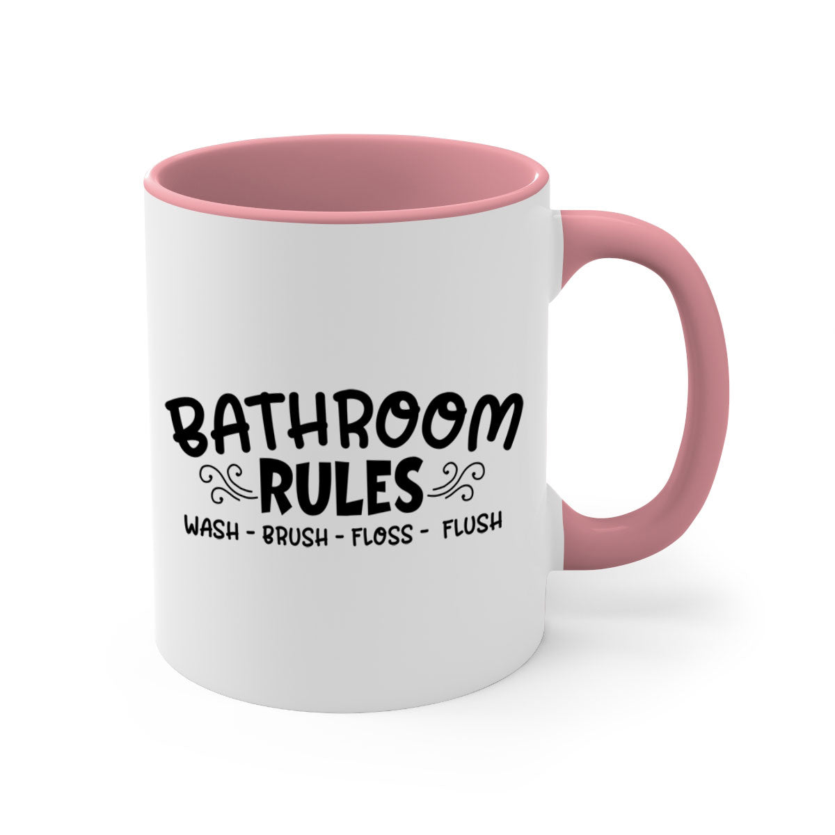 Bathroom Rules Wash Brush Floss Flush Mug with two-tone design and glossy finish, available in multiple colors.