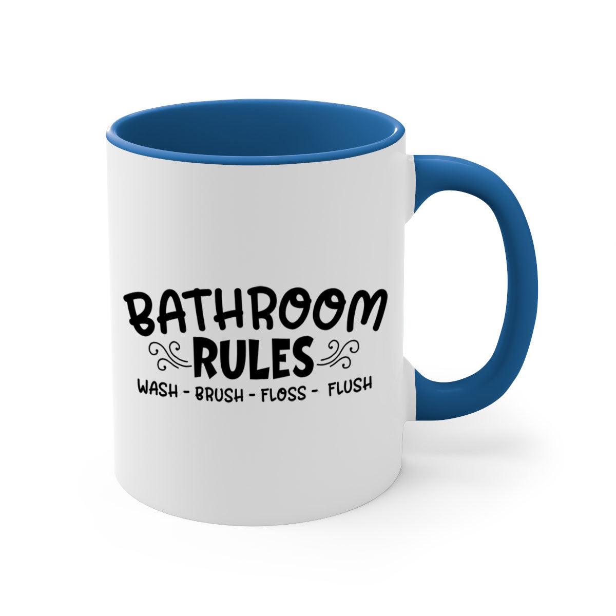 Bathroom Rules Wash Brush Floss Flush Mug with two-tone design and glossy finish, available in multiple colors.