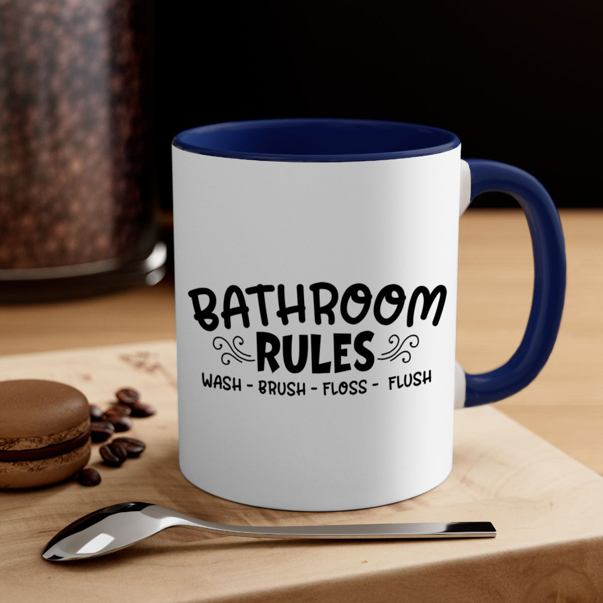 Bathroom Rules Wash Brush Floss Flush Mug with two-tone design and glossy finish, available in multiple colors.