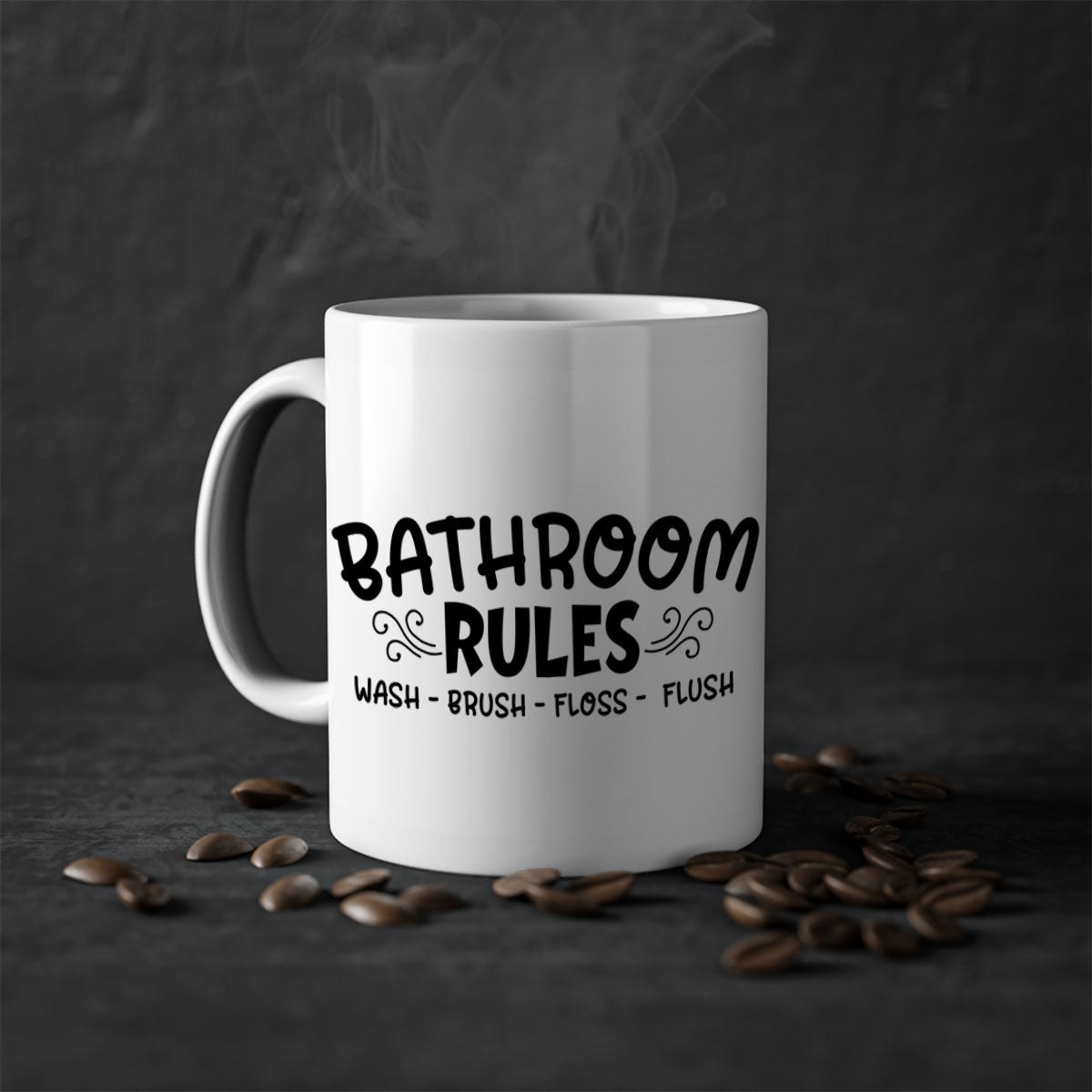 Bathroom Rules Wash Brush Floss Flush Mug with two-tone design and glossy finish, available in multiple colors.