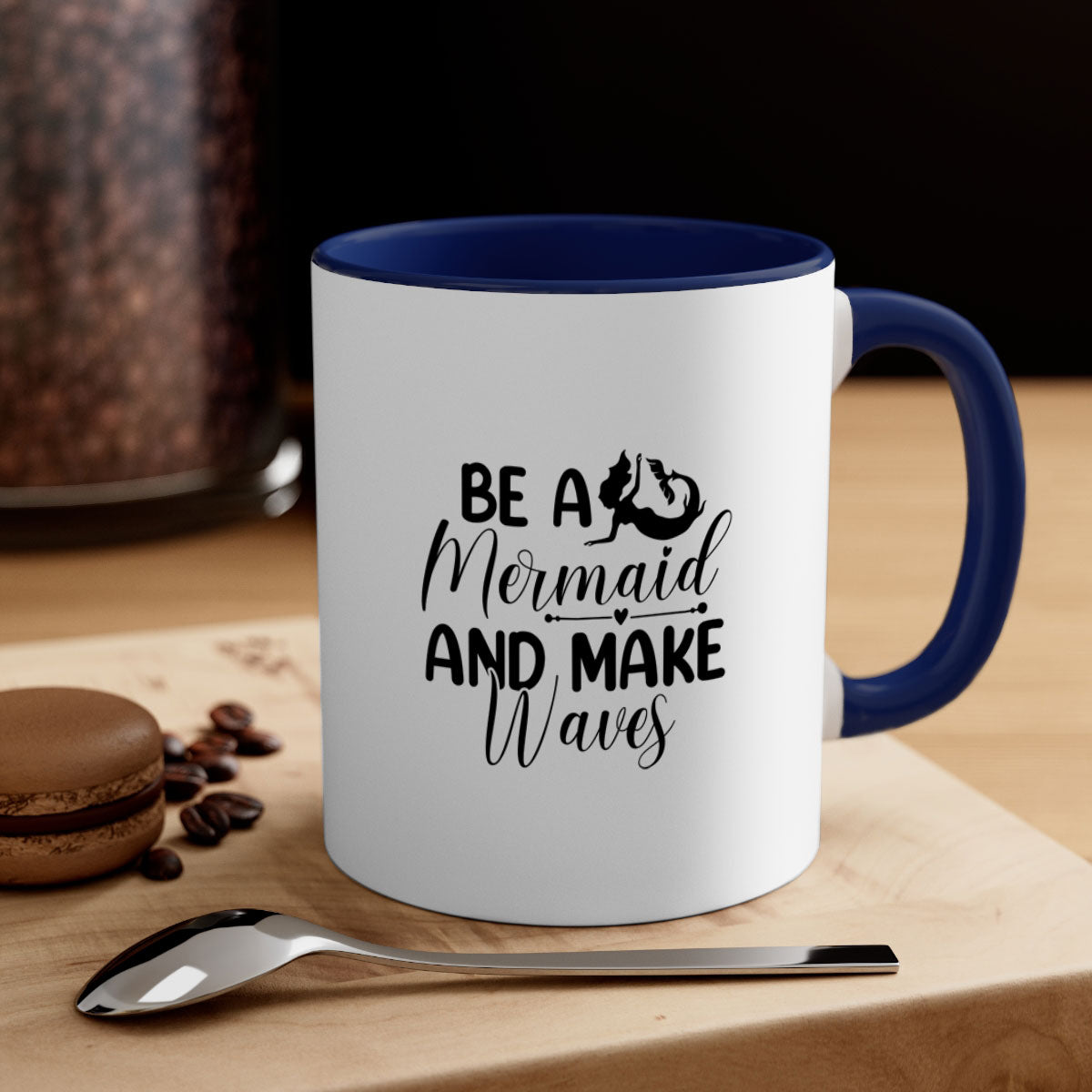 Be A Mermaid And Make Waves Mug featuring a glossy finish, colorful handle, and interior, available in multiple colors and sizes.