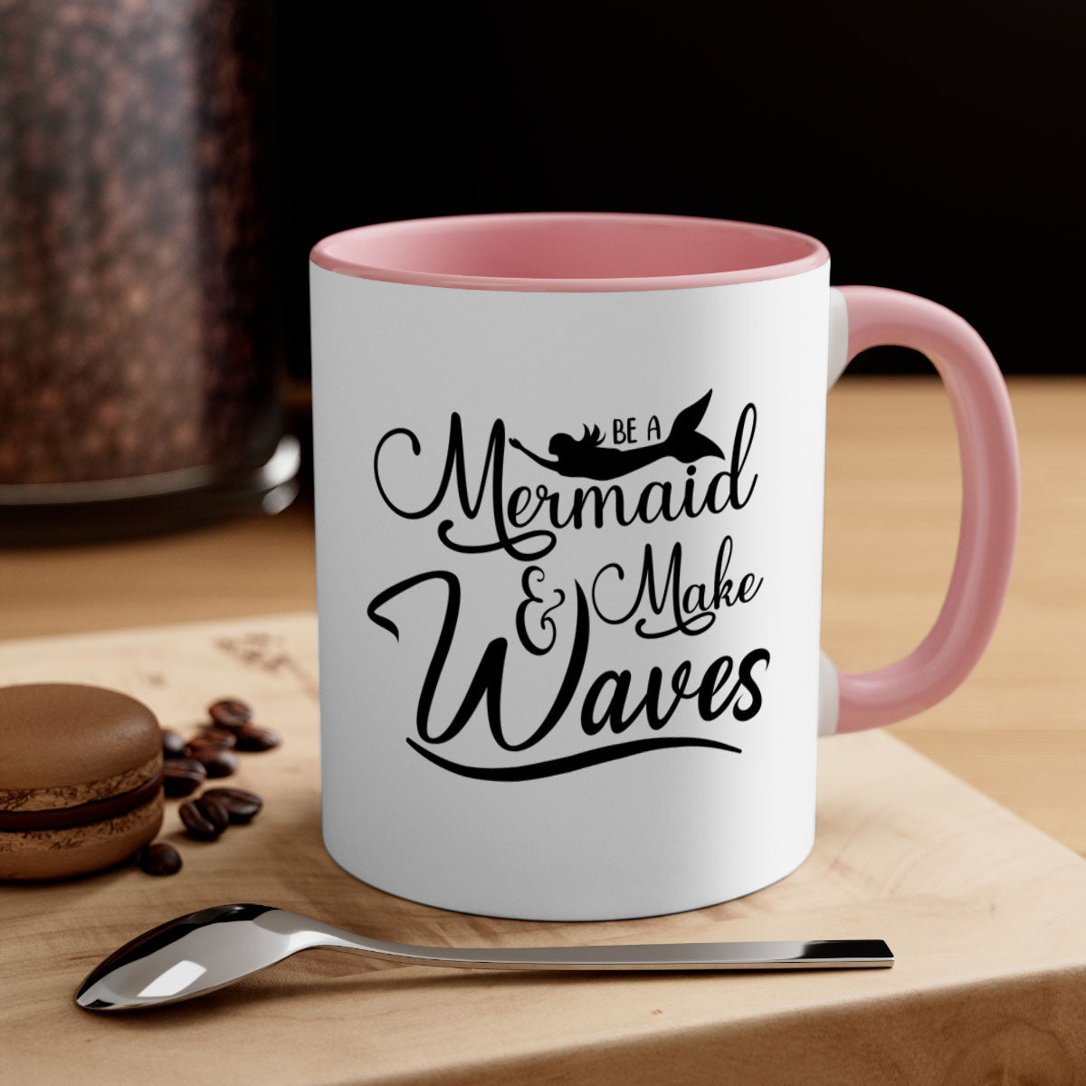 Be A Mermaid And Make Waves Mug featuring a glossy finish, colored handle, and interior, available in five vibrant colors.