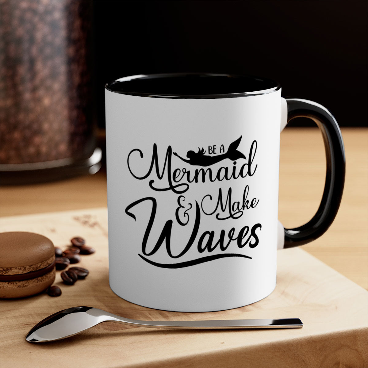 Be A Mermaid And Make Waves Mug featuring a glossy finish, colored handle, and interior, available in five vibrant colors.