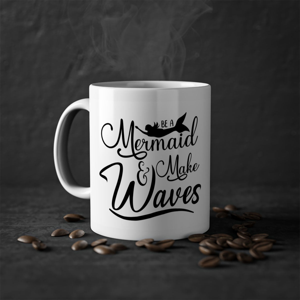 Be A Mermaid And Make Waves Mug featuring a glossy finish, colored handle, and interior, available in five vibrant colors.