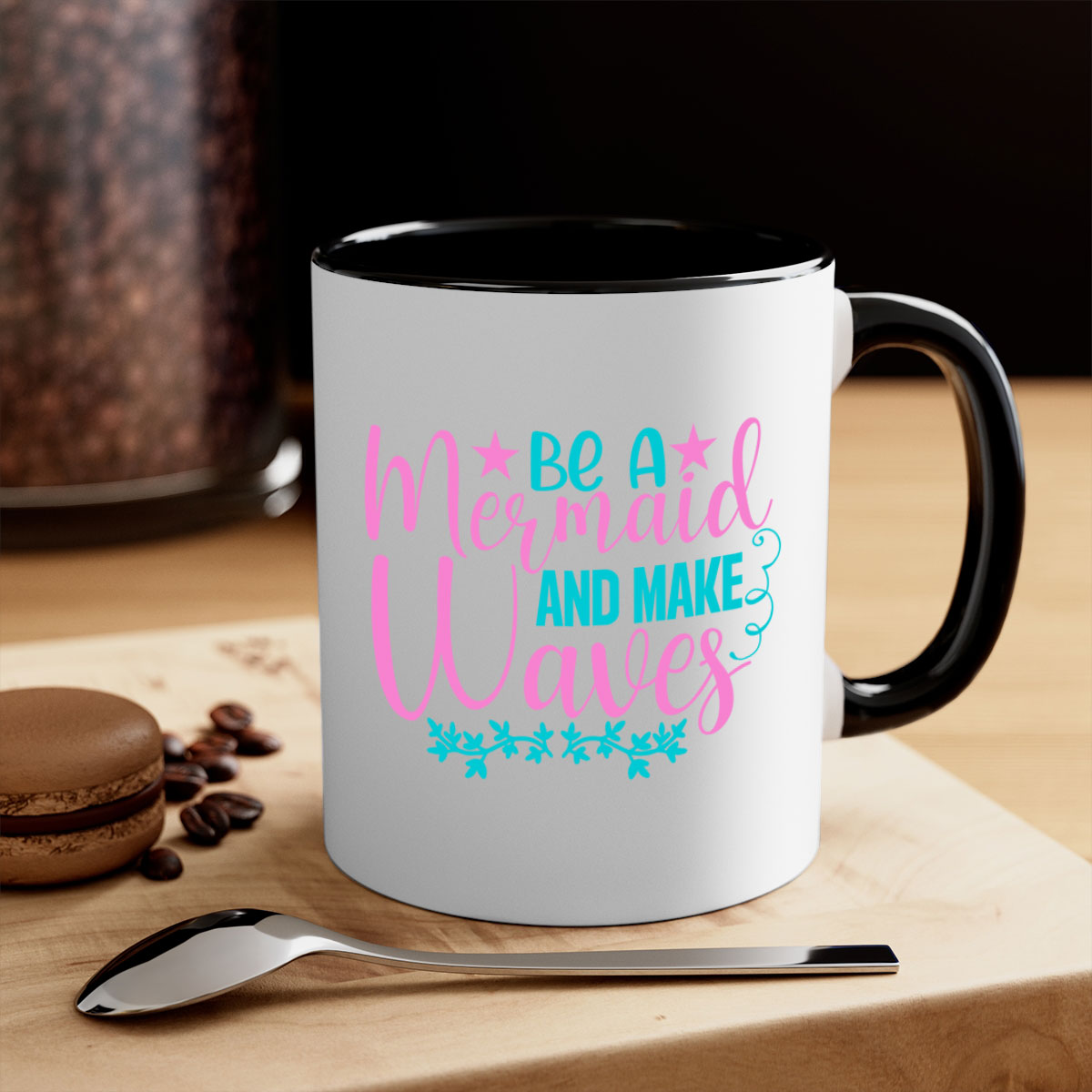 Be A Mermaid And Make Waves Mug with a glossy finish, featuring a colored handle and interior, available in five vibrant colors.