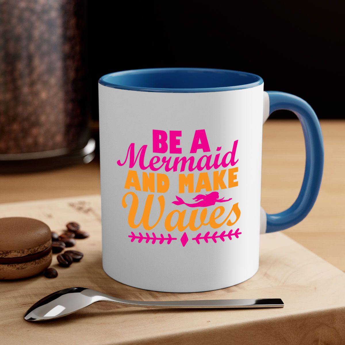 Be A Mermaid And Make Waves Mug with colorful handle and interior, showcasing a glossy finish and two-tone design.