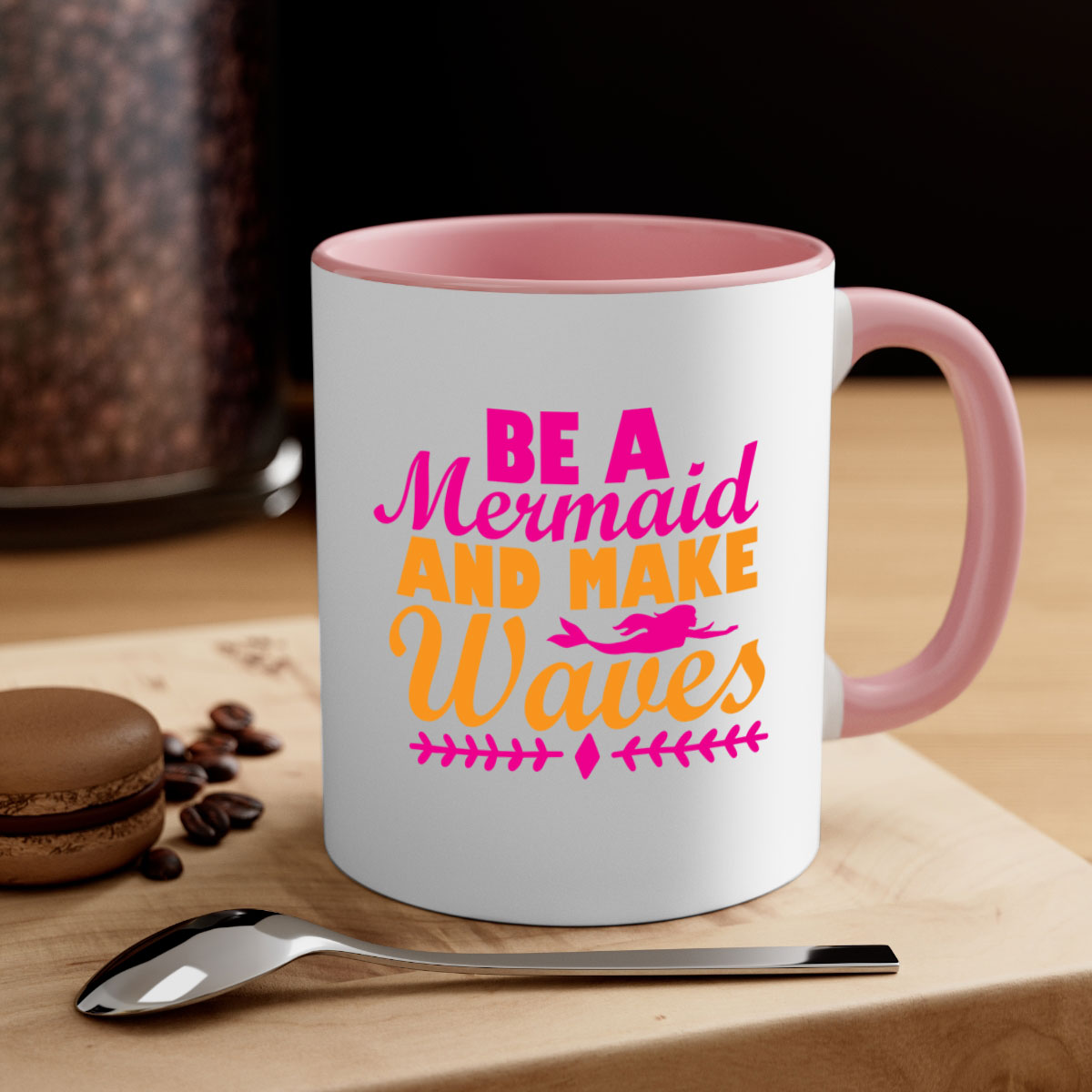 Be A Mermaid And Make Waves Mug with colorful handle and interior, showcasing a glossy finish and two-tone design.