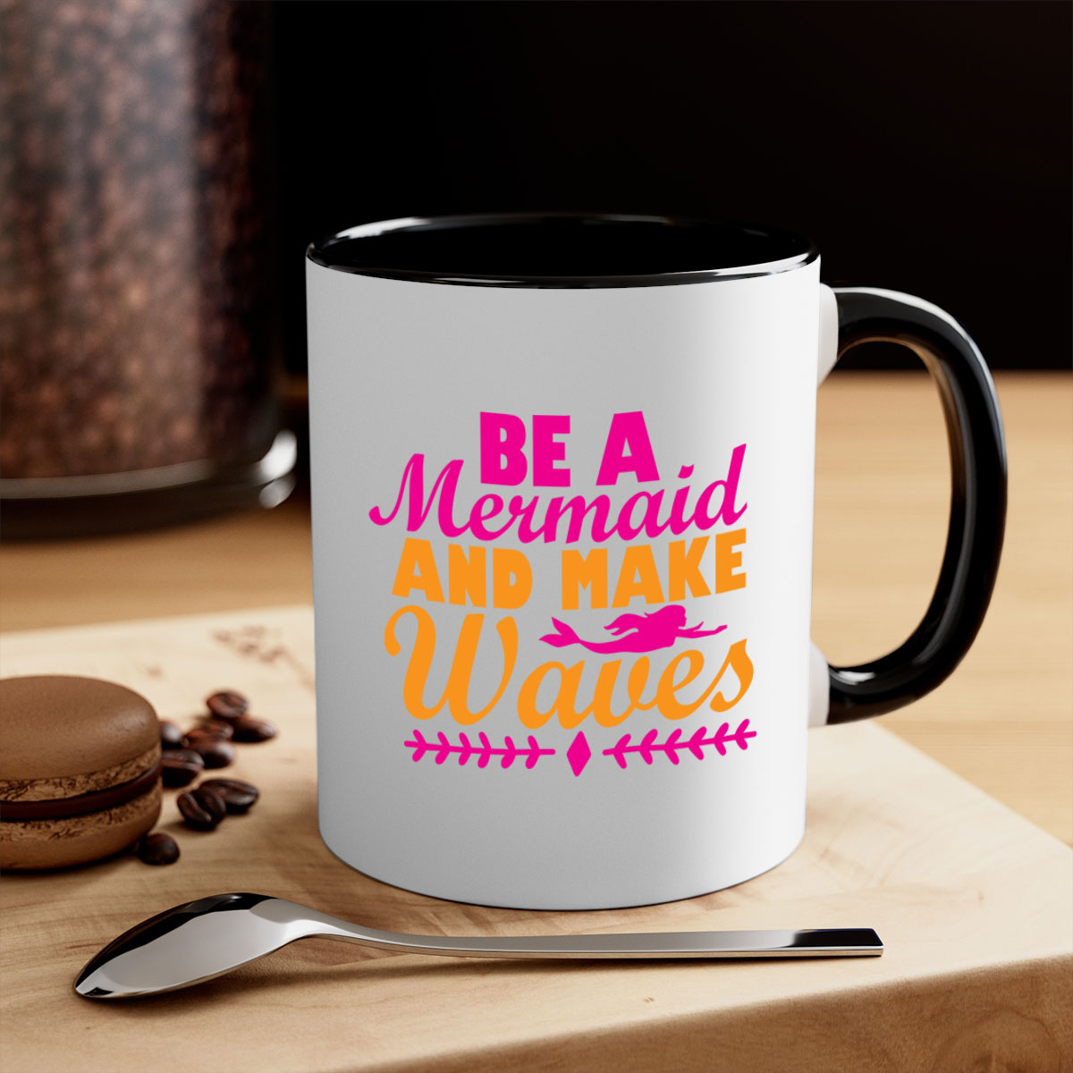 Be A Mermaid And Make Waves Mug with colorful handle and interior, showcasing a glossy finish and two-tone design.
