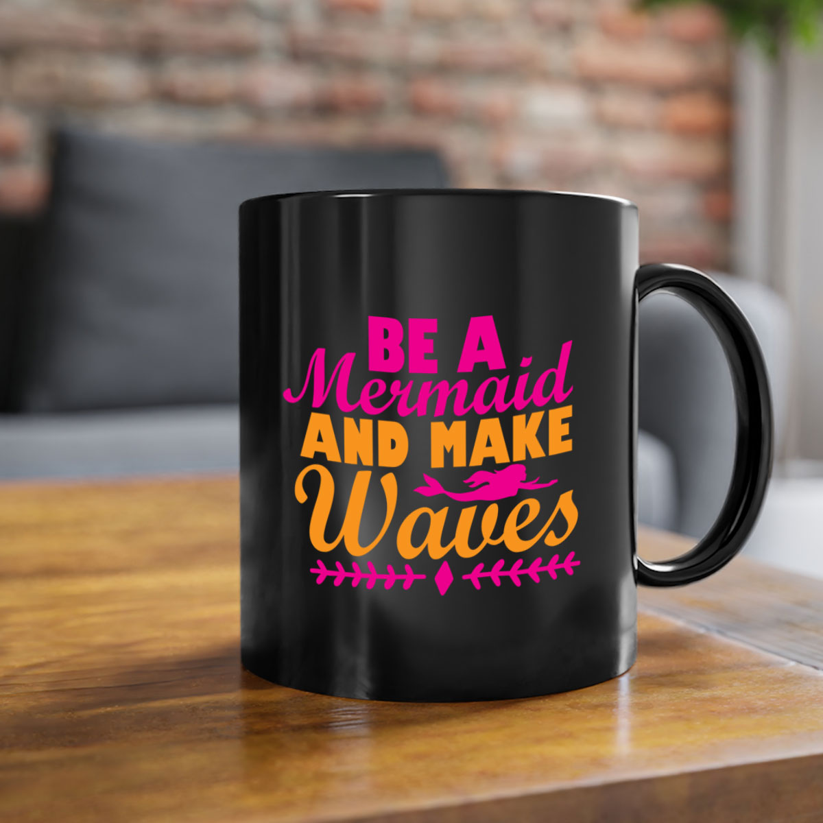 Be A Mermaid And Make Waves Mug with colorful handle and interior, showcasing a glossy finish and two-tone design.
