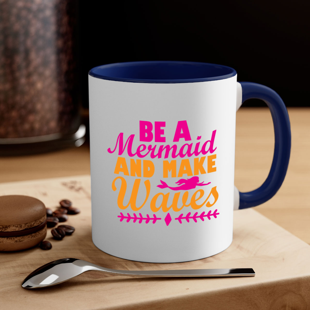 Be A Mermaid And Make Waves Mug with colorful handle and interior, showcasing a glossy finish and two-tone design.